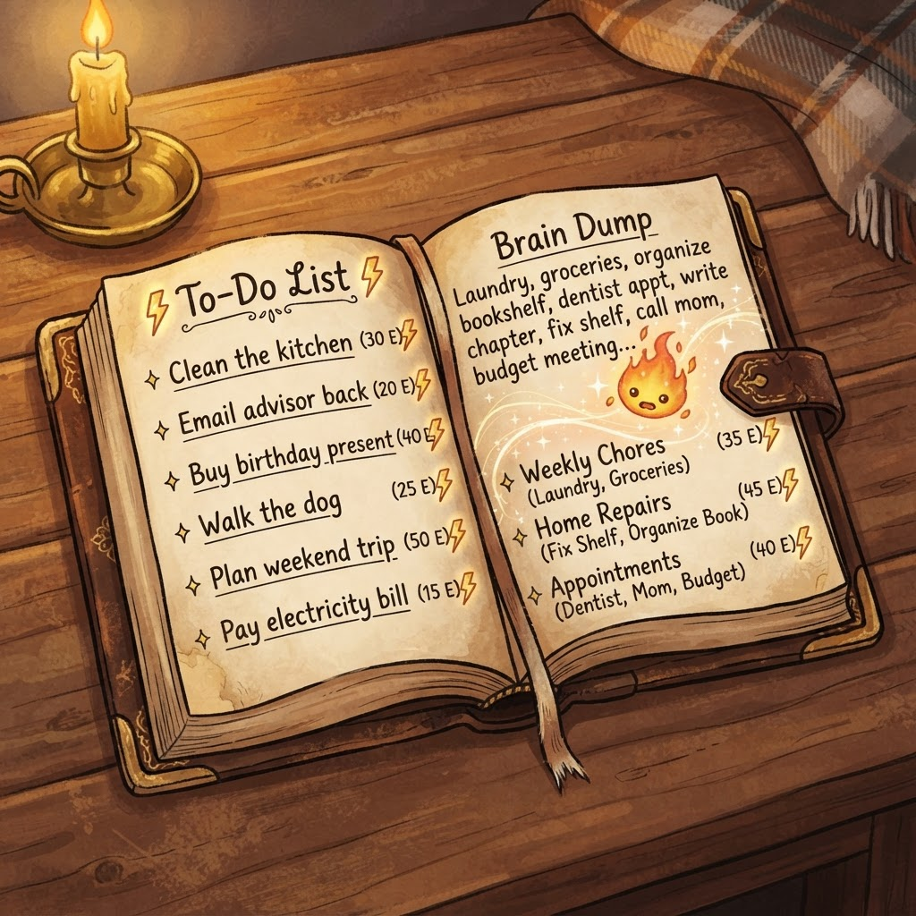 Maren's journal showing a task list on the left page and a brain dump being transformed by Wick on the right page