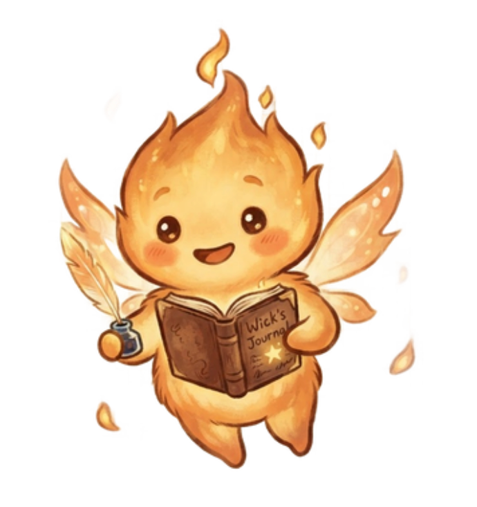 Wick, the tiny hearth-sprite mascot, holding a journal